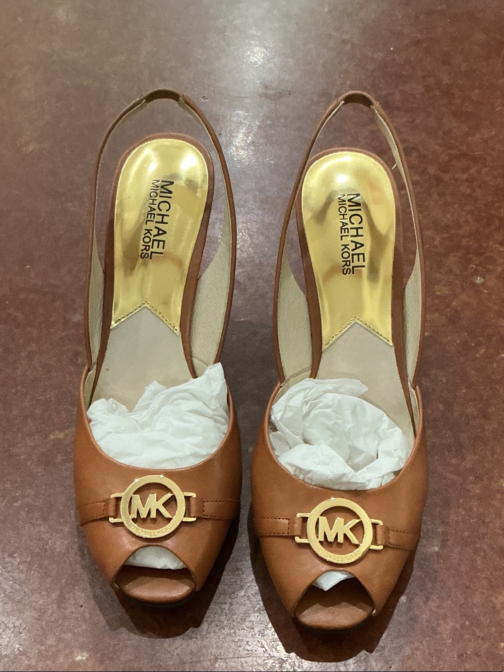 Michael Kors Brown Leather Peep-Toe Slingback Wedges with Gold MK Emblem